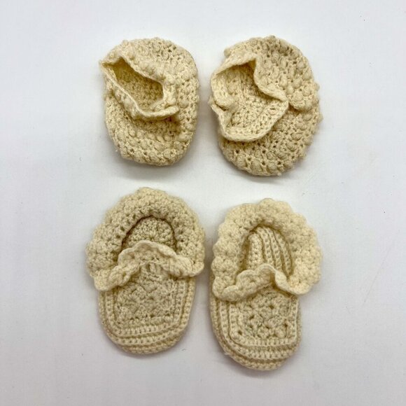 Vintage Hand-Crocheted Baby Booties Set Ivory Cream 40s 50s - Picture 1 of 9